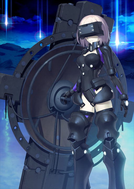 1girl armor armored_boots armored_leotard black_armor black_boots black_gloves black_leotard black_thighhighs blue_background boots breasts closed_mouth covered_eyes expressionless fate/grand_order fate_(series) feet_out_of_frame gloves gorget head-mounted_display holding holding_shield legs_apart leotard mash_kyrielight mash_kyrielight_(ortenaus) mold_camelot mountainous_horizon night official_art outdoors pink_hair science_fiction shield short_hair sky solo standing takeuchi_takashi thigh_boots thighhighs third-party_source