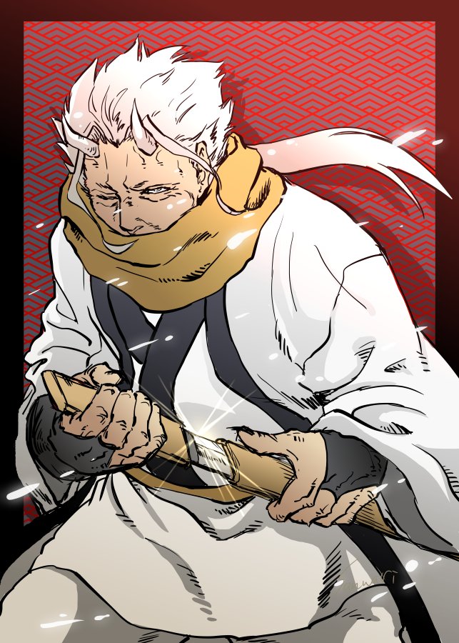 1boy facing_viewer glint hakuro_(tensura) horns long_hair male_focus old old_man oni_horns red_background robe sanwari_(aruji_yume) scarf sheath simple_background standing sword tensei_shitara_slime_datta_ken unsheathing weapon white_hair white_robe yellow_scarf