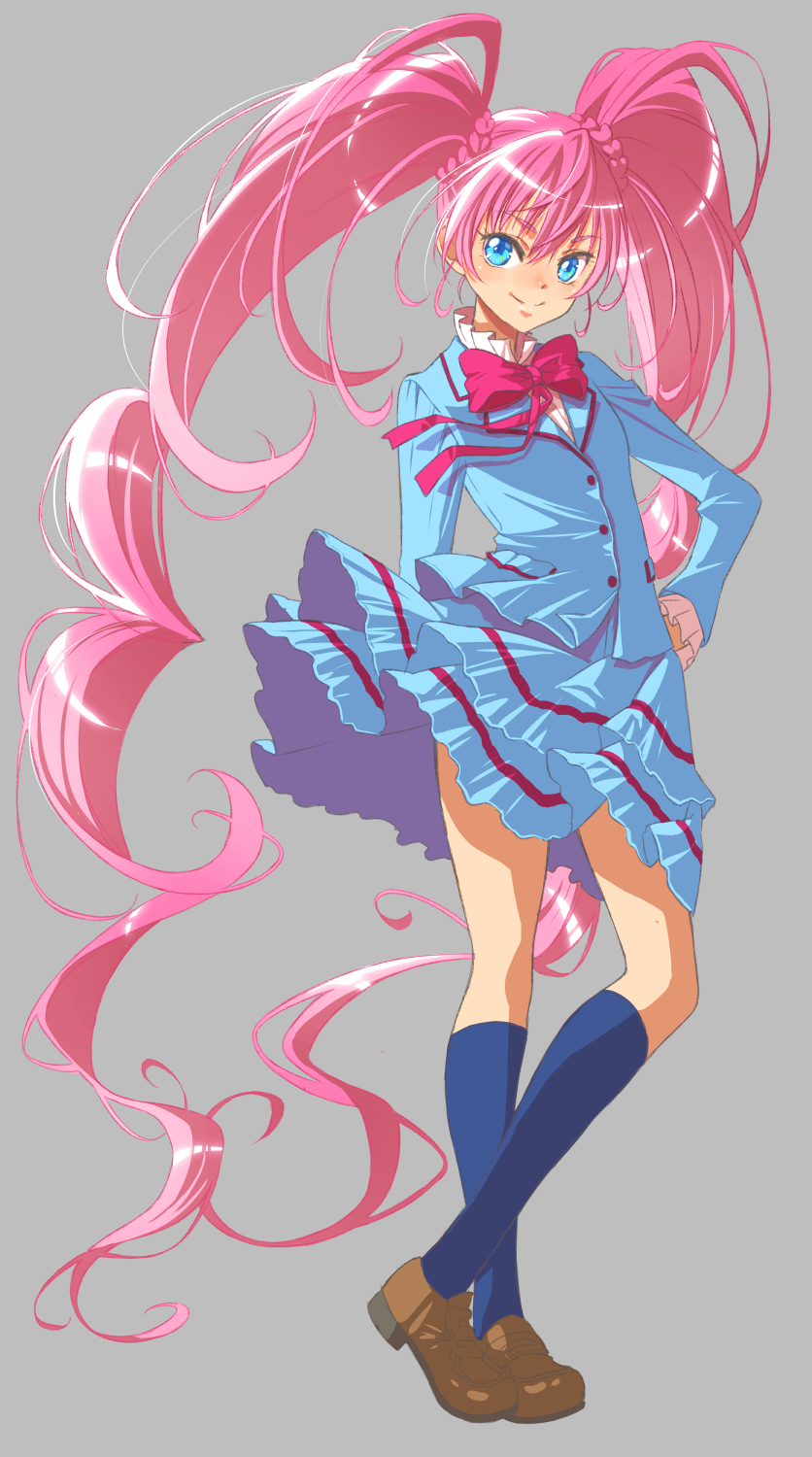 1girl aria_gakuen_school_uniform blue_eyes blue_skirt blue_socks bow bowtie brown_shoes commentary_request cosplay cure_melody eyelashes grey_background happy highres houjou_hibiki houjou_hibiki_(cosplay) jj_(ssspulse) long_hair looking_at_viewer magical_girl pink_hair precure ribbon school_uniform self_cosplay shoes simple_background skirt smile socks solo standing suite_precure twintails very_long_hair