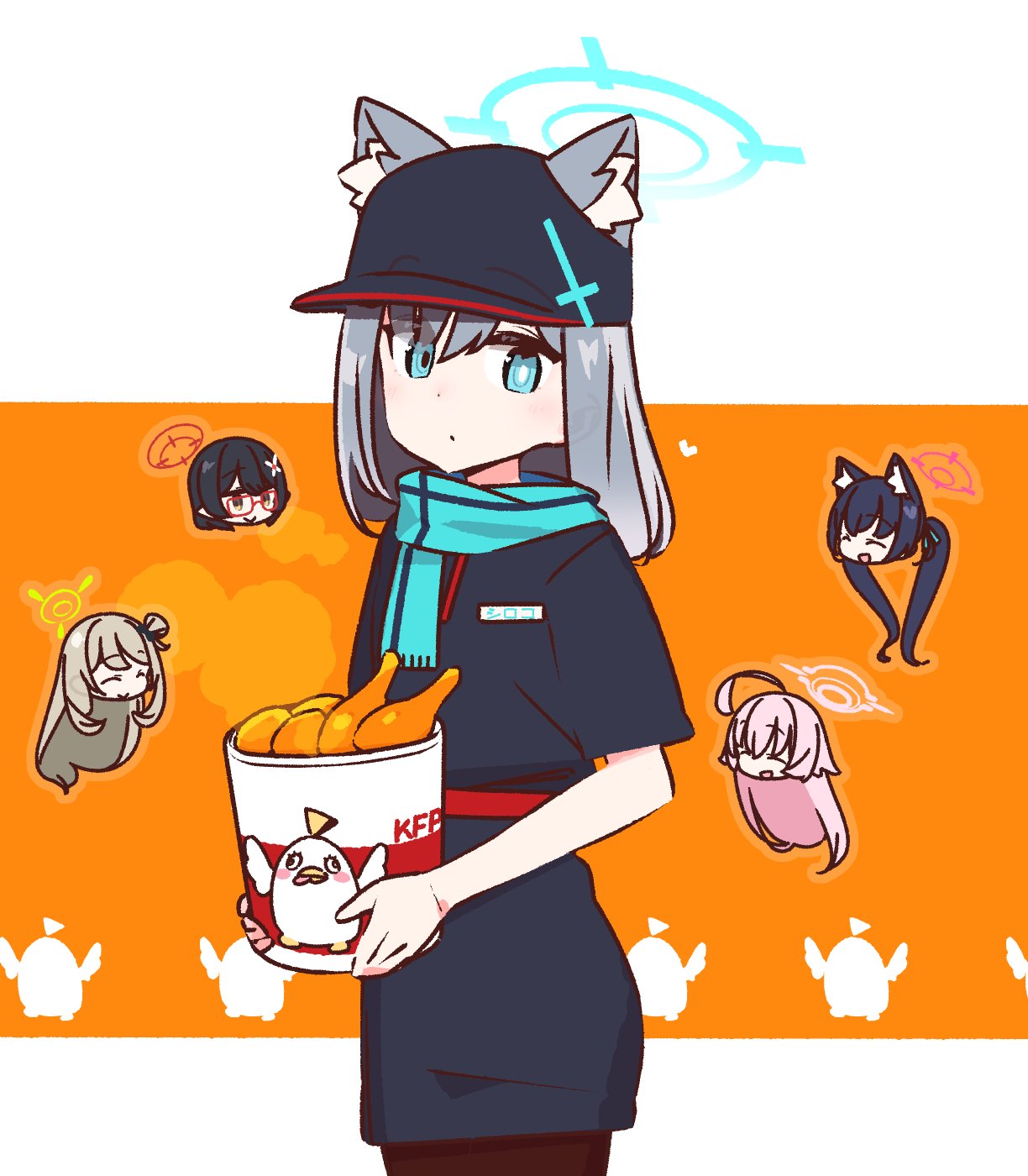 5girls animal_ears ayane_(blue_archive) blue_archive blue_eyes blue_halo commentary_request foreclosure_task_force_(blue_archive) grey_hair halo hat heterochromia highres hoshino_(blue_archive) kfc looking_at_viewer multiple_girls nonomi_(blue_archive) peroro_(blue_archive) pink_halo red_halo scarf serika_(blue_archive) shiroko_(blue_archive) standing wolf_ears yellow_halo yoru_nai