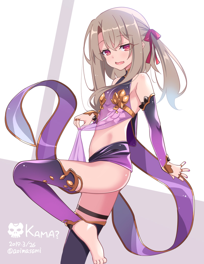 1girl aoi_masami artistic_error bad_feet bare_shoulders barefoot bow breasts brown_hair character_name commentary_request cosplay dated detached_sleeves dutch_angle fate/grand_order fate/kaleid_liner_prisma_illya fate_(series) female_focus fingernails hair_between_eyes hair_bow heart heart-shaped_pupils holding illyasviel_von_einzbern jewelry kama_(fate) kama_(fate)_(cosplay) kama_(first_ascension)_(fate) leggings long_hair long_sleeves nail_polish one_side_up pink_nails purple_leggings purple_skirt purple_sleeves purple_thighhighs red_bow red_eyes revision ring see-through_clothes skirt skull sleeves_past_wrists small_breasts solo standing standing_on_one_leg symbol-shaped_pupils thighhighs twitter_username