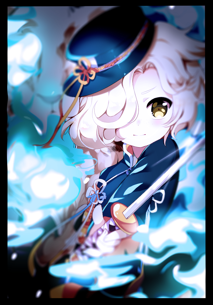10s 1boy black_hat blonde_hair blush closed_mouth gokotai hair_over_one_eye hat holding holding_sword holding_weapon looking_at_viewer male_focus short_hair shu_(pjxv7485) smile solo sword touken_ranbu weapon yellow_eyes