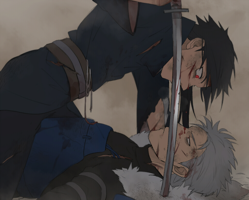 2boys armor azkn black_hair blood blood_on_face bloody_weapon blue_armor blue_kimono fur_trim grey_hair holding holding_sword holding_weapon japanese_armor japanese_clothes katana kimono looking_at_another looking_down looking_up male_focus multiple_boys naruto_(series) ninja obi red_eyes sash senju_tobirama sharingan simple_background sitting sitting_on_person sword uchiha_izuna weapon