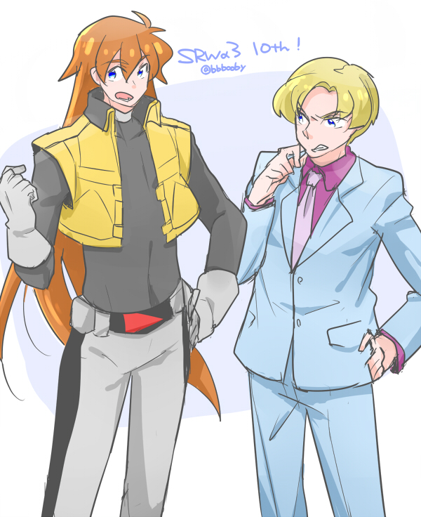 1990s_(style) 2boys akimoto_(akimomomoto) anniversary bad_id bad_pixiv_id blonde_hair blue_eyes cowboy_shot cropped_vest formal_clothes gloves gundam gundam_seed hand_on_own_hip hiyama_nobuyuki long_hair multiple_boys muruta_azrael necktie orange_hair retro_artstyle shishiou_gai suit super_robot_wars super_robot_wars_alpha the_3rd_super_robot_wars_alpha twitter_username vest voice_actor_connection yuusha_ou_gaogaigar yuusha_series