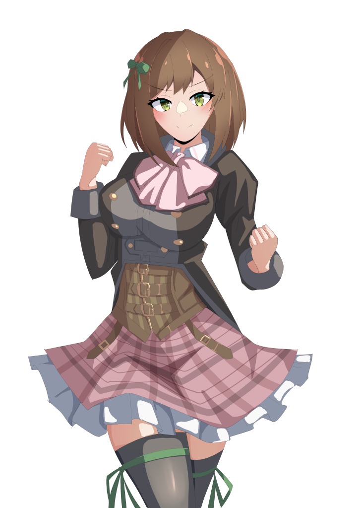 1girl assault_lily belt belt_buckle black_jacket black_thighhighs blush bow bowtie breasts brown_belt brown_hair buckle buttons clenched_hands closed_mouth collared_shirt commentary_request corset cowboy_shot frilled_skirt frills green_eyes green_ribbon hair_ribbon hands_up ishitsuma_canon jacket juliet_sleeves large_breasts leg_ribbon long_sleeves looking_at_viewer ludvico_private_girls&#039;_academy_school_uniform medium_hair miniskirt multiple_belts pink_bow pink_bowtie pink_skirt plaid_clothes plaid_skirt puffy_sleeves ribbon saeki_julia_karen school_uniform shirt simple_background skirt smile solo standing thigh_ribbon thighhighs underbust v-shaped_eyebrows white_background white_shirt zettai_ryouiki