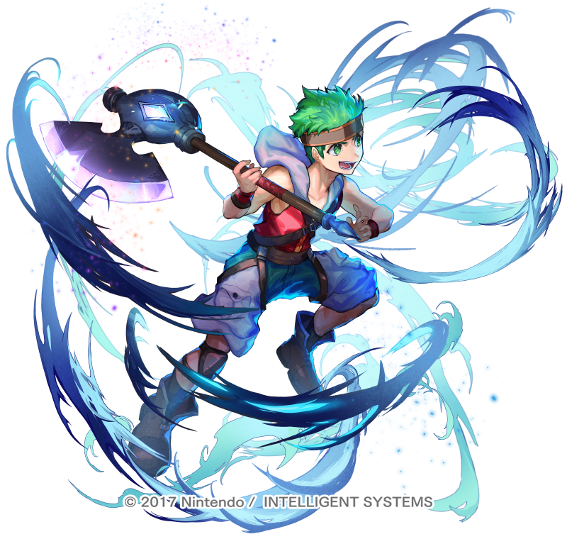 1boy aged_down axe boyd_(fire_emblem) boyd_(future_great)_(fire_emblem) child copyright_notice fighting_stance fire_emblem fire_emblem:_path_of_radiance fire_emblem_heroes full_body glowing glowing_weapon green_eyes green_hair headband holding holding_axe holding_weapon hood hoodie knee_pads male_focus nijimaarc nintendo official_art open_mouth short_hair single_knee_pad sleeveless sleeveless_hoodie solo weapon white_background