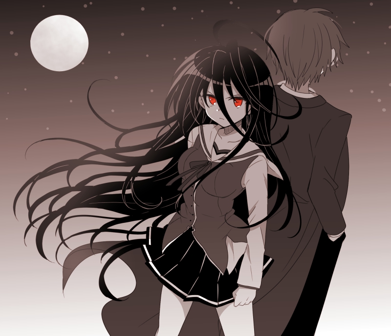 1boy 1girl ahoge azai_kyousuke black_hair black_skirt brown_hair brown_theme brown_vest cowboy_shot formal_clothes full_moon g-senjou_no_maou hair_between_eyes hands_in_pockets long_hair miniskirt monochrome moon red_eyes school_uniform serafuku simple_background skirt suit usami_haru very_long_hair vest