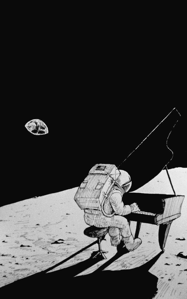 1other ambiguous_gender astronaut black_sky earth_(planet) greyscale instrument monochrome moon music on_moon original piano planet playing_instrument playing_piano sakajun shadow sky solo stool traditional_media