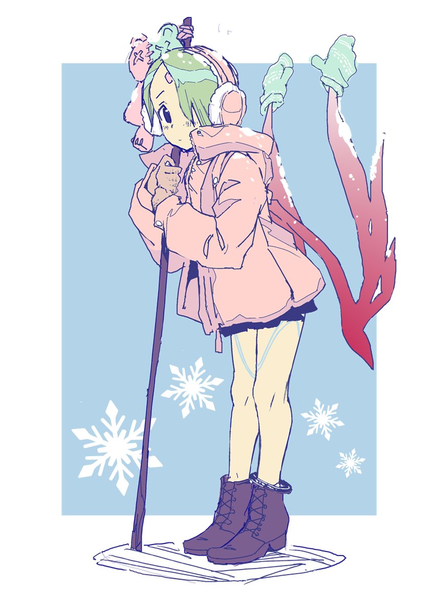 1girl boots breath_of_fire breath_of_fire_v closed_mouth commentary earmuffs facial_mark full_body gloves green_hair hair_over_one_eye highres holding holding_staff jinkai_yamizawa looking_at_viewer mittens nina_(breath_of_fire_v) red_wings short_hair skirt snowflakes solo staff tattoo wings