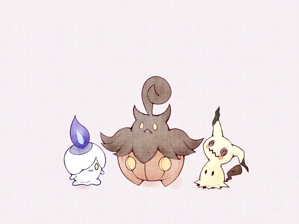 closed_mouth fangs fire fireblast frown gen_5_pokemon gen_6_pokemon gen_7_pokemon litwick mimikyu nintendo no_humans pokemon pokemon_(creature) pumpkaboo purple_fire simple_background smile solid_oval_eyes tail wavy_mouth white_background yellow_eyes