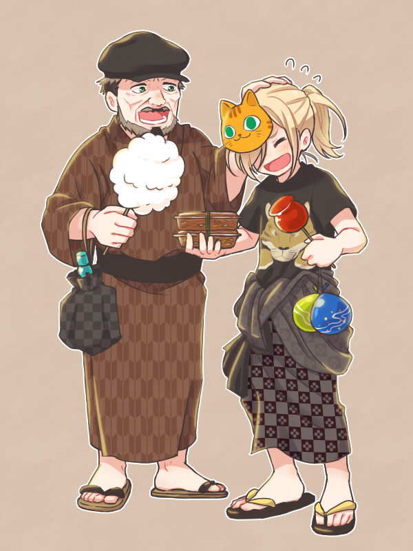 10s 2boys beard blonde_hair candy_apple cat_mask closed_eyes cotton_candy facial_hair flying_sweatdrops food grandfather_and_grandson green_eyes grey_hair hair_over_one_eye hand_on_another&#039;s_head hat holding holding_cotton_candy holding_food japanese_clothes kimono male_focus mask mask_on_head multiple_boys nikolai_plisetsky old old_man open_mouth ponytail ruei_(chicking) sandals smile water_balloon yagasuri yukata yuri!!!_on_ice yuri_plisetsky
