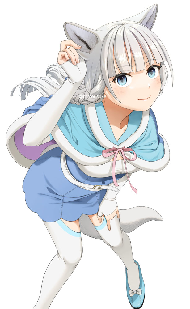 1girl animal_ear_fluff animal_ears arm_up blue_capelet blue_dress blue_eyes blue_shoes blunt_bangs braid breasts capelet cleavage closed_mouth commentary_request dress feet_out_of_frame fur-trimmed_capelet fur-trimmed_dress fur_trim grey_hair kemonomichi leaning_forward long_hair looking_at_viewer mattaku_mousuke pink_ribbon ribbon shigure_(kemonomichi) shoes simple_background small_breasts smile solo tail thighhighs twitter_username very_long_hair watermark white_background white_thighhighs