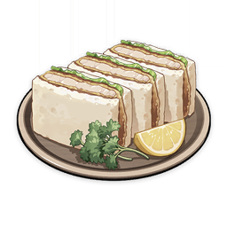 artist_request bread commentary english_commentary flower food food_focus fruit game_cg genshin_impact leaf lemon lemon_slice lettuce lowres meat muted_color no_humans official_art parsley plate raw_fish sandwich sliced_meat still_life third-party_source katsu_(food) transparent_background