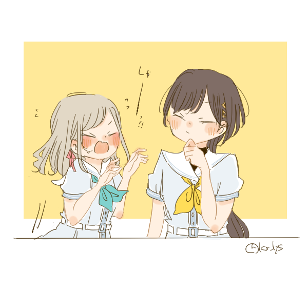 2girls aqua_neckerchief black_hair blue_dress blush border ceras_yanagida_lilienfeld claw_pose closed_eyes closed_mouth commentary_request dress edel_note flustered flying_sweatdrops grey_hair hair_ornament hand_on_own_chin hasu_no_sora_school_uniform hissing kase_(ks_lys) katsuragi_izumi link!_like!_love_live! long_hair love_live! multiple_girls neckerchief open_mouth outside_border puffy_short_sleeves puffy_sleeves sailor_collar sailor_dress school_uniform short_sleeves simple_background stroking_own_chin summer_uniform translated triangle_hair_ornament turtleneck twitter_username virtual_youtuber white_border white_sailor_collar wolf_cut yellow_background yellow_neckerchief