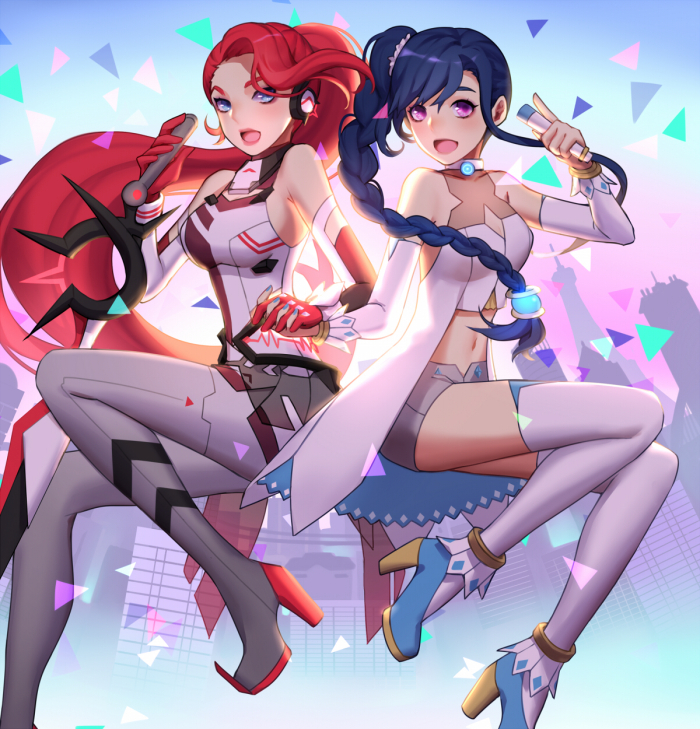 2girls alternate_costume alternate_hairstyle alys blue_eyes blue_hair braid breasts cleavage_cutout clothing_cutout gloves high_heels high_ponytail leora long_hair medium_breasts multiple_girls navel official_art ponytail purple_eyes red_gloves red_hair saphirya side_braid very_long_hair voxwave