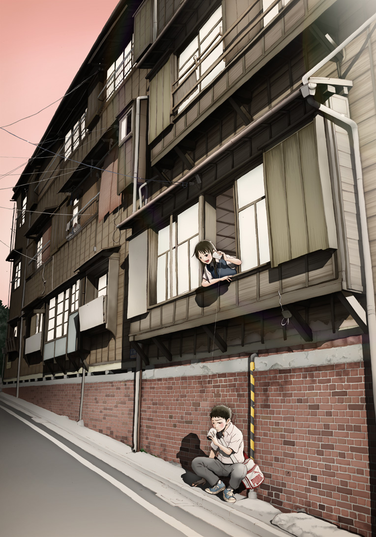1boy 1girl bag balcony black_hair blue_footwear brick brown_hair building can hongoukan long_hair open_mouth original phone real_world_location road scenery shoes short_hair sidewalk smile squatting string_phone takada_katsura talking tokyo_(city)