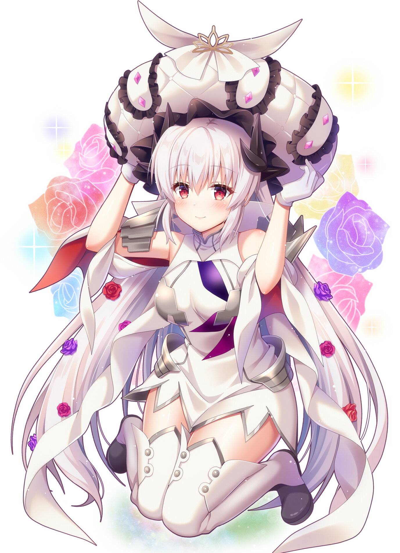 1girl breasts cosplay dragon_girl dragon_horns dress fate/grand_order fate_(series) frilled_hat frills gloves grey_hair hat highres horns kiyohime_(fate) kiyohime_(third_ascension)_(fate) large_breasts large_hat long_hair marie_antoinette_(fate) marie_antoinette_(fate)_(cosplay) marie_antoinette_(third_ascension)_(fate) multiple_horns red_eyes short_dress sleeveless sleeveless_dress solo suzumia_(daydream) taneda_risa thighhighs very_long_hair voice_actor_connection white_dress white_gloves white_hat white_thighhighs