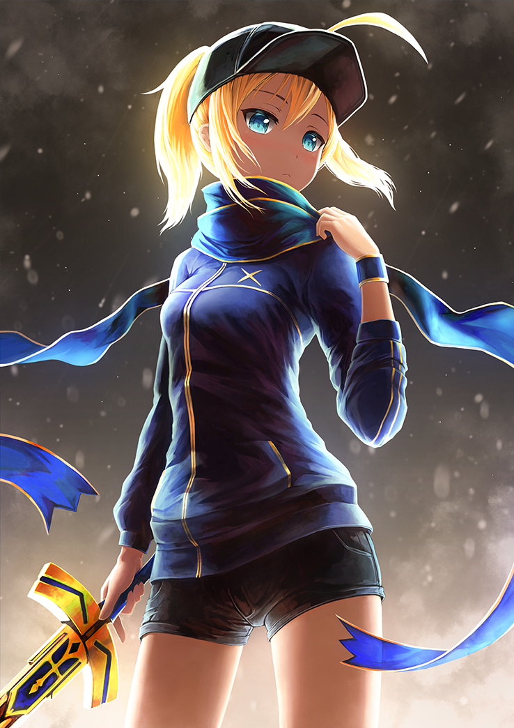 1girl ahoge animal_ears artoria_pendragon_(fate) baseball_cap black_hat black_shorts blonde_hair blue_eyes blue_jacket blue_scarf blush closed_mouth commentary_request fate/extella fate/extra fate/grand_order fate_(series) female_focus hair_between_eyes hair_through_headwear hat himitsucalibur_(fate) holding holding_sword holding_weapon jacket long_hair looking_at_viewer mysterious_heroine_x_(fate) pixiv_fate/grand_order_contest_2 revision scarf short_shorts shorts solo sword track_jacket weapon wolf_ears yoka1chi