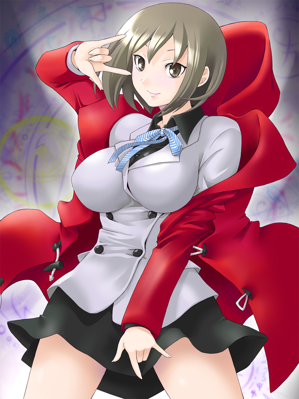 10s 1girl breasts brown_eyes brown_hair buttons devil_survivor_(series) devil_survivor_2 female_focus highres impossible_clothes impossible_shirt large_breasts light_smile m/ miniskirt nitta_io school_uniform shirt short_hair skirt solo yaso_shigeru