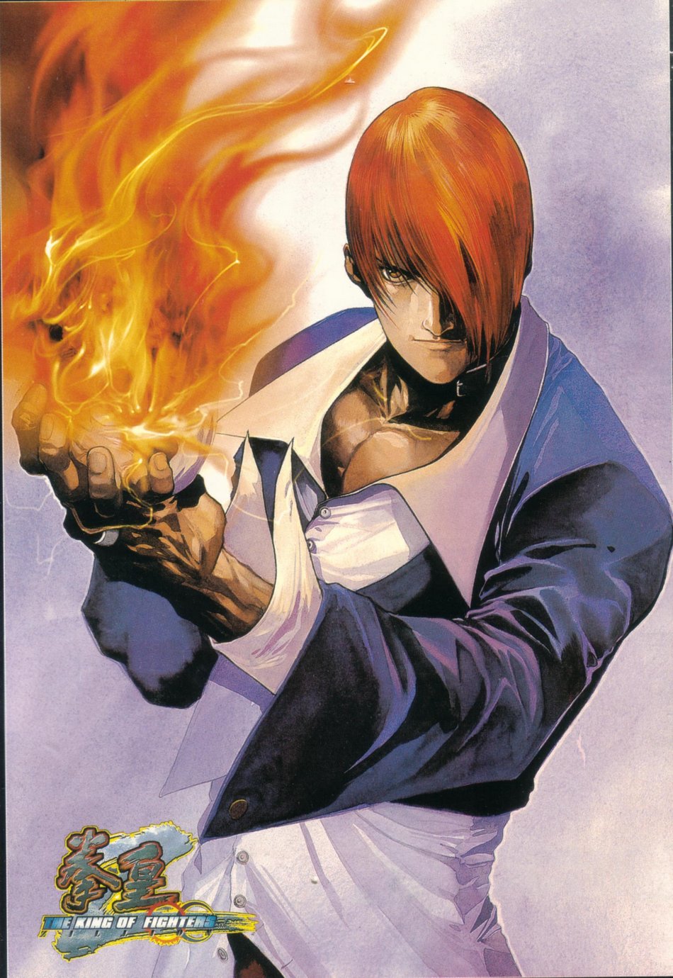 1boy andy_seto choker dress_shirt fire highres jewelry male_focus official_art purple_background pyrokinesis red_hair ring shirt snk solo the_king_of_fighters yagami_iori yellow_eyes