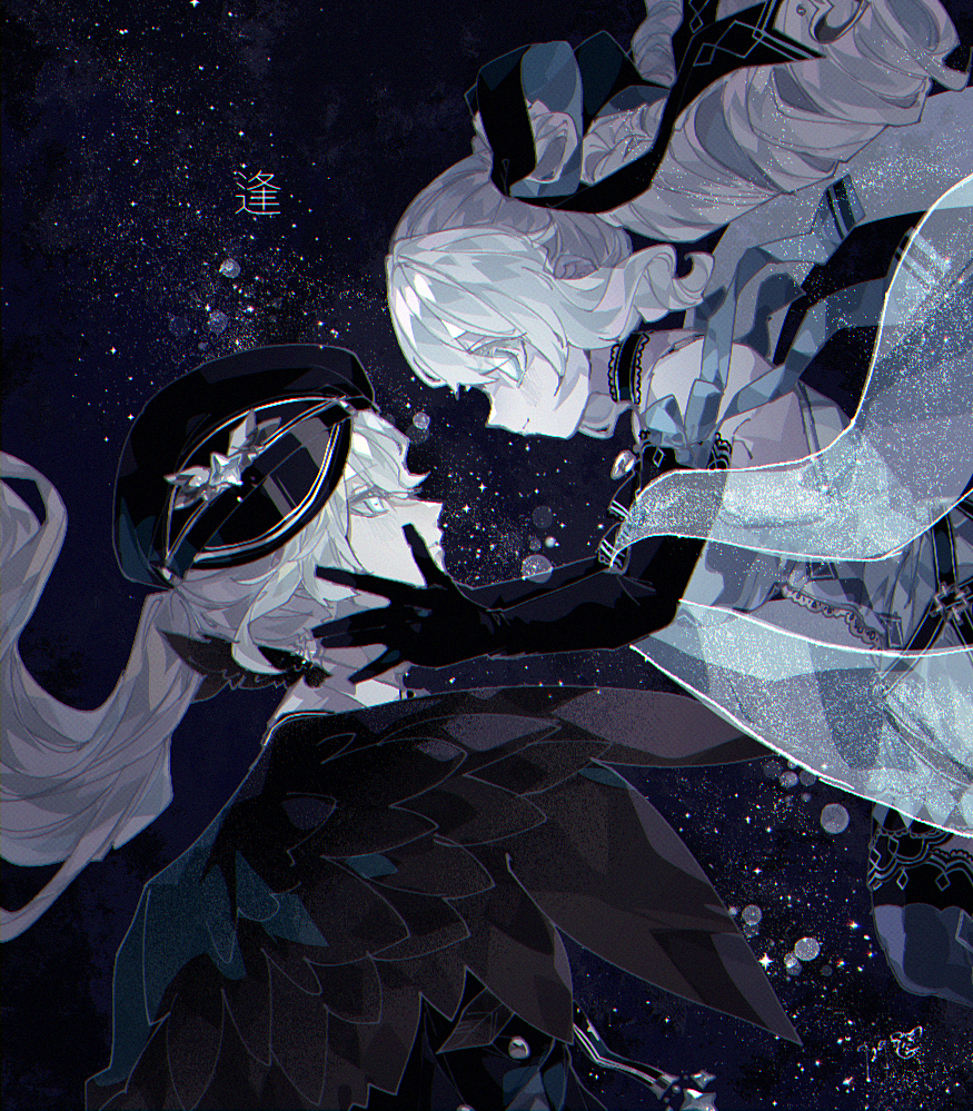 1boy 1girl black_gloves black_headwear black_wings closed_mouth drill_hair feathered_wings gloves hands_on_another&#039;s_face hat hetero hikoboshi island729 japanese_mythology long_hair original orihime_(tanabata) peaked_cap ponytail smile star_(symbol) star_symbol_background tanabata twin_drills white_eyes white_hair wings