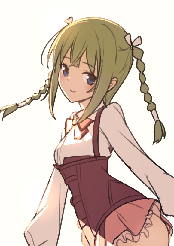 1girl arm_at_side assault_lily blue_eyes blunt_bangs bow bowtie braid closed_mouth collared_shirt corset cowboy_shot frilled_skirt frills from_side gradient_background green_hair hair_ribbon kishimoto_lucia_raimu long_sleeves looking_to_the_side ludvico_private_girls&#039;_academy_school_uniform medium_hair miniskirt nagareboshi pink_bow pink_bowtie pink_skirt ribbon school_uniform shirt sidelocks sketch skirt smile solo standing suspenders twin_braids twintails underbust white_background white_ribbon yellow_background