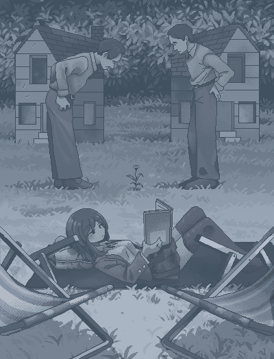 1girl 2boys beach_towel belt blazer blue_theme book breasts closed_mouth collared_shirt deck_chair dithering expressionless flower from_side frown grass hamsterfragment hands_on_own_ass jacket jaggy_lines knees_up long_sleeves looking_at_object looking_down lying medium_breasts medium_hair monochrome mouth_hold multiple_boys neighbours_(1952) on_back open_book open_clothes open_jacket original outdoors pants pillow pleated_skirt reading school_uniform shirt shirt_tucked_in shoes short_hair skirt smoking_pipe standing suicidal_girl_(hamsterfragment) thighhighs towel