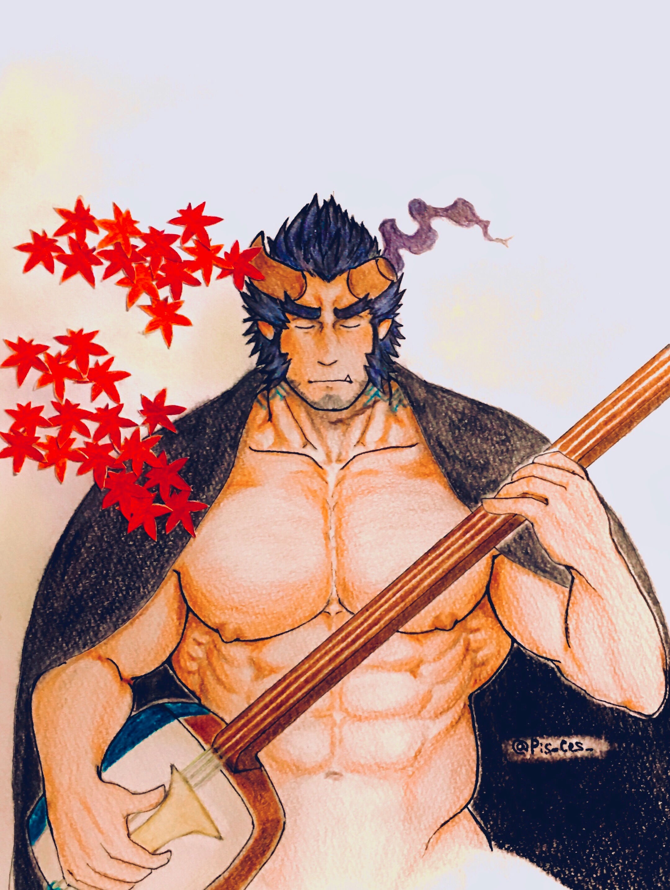 1boy abs absurdres autumn_leaves bara bare_pectorals blue_hair broken_horn closed_eyes clothes_on_shoulders colored_pencil_(medium) concentrating cowboy_shot dark_blue_hair demon_boy demon_horns facial_hair fiery_horns haori highres horns instrument instrument_request japanese_clothes large_pectorals leaf long_sideburns male_focus mature_male muscular muscular_male music navel nipples pectorals pisukesu_(pis_ces) playing_instrument scar scar_on_neck short_hair sideburns solo stomach strongman_waist stubble takemaru_(housamo) thick_eyebrows tokyo_houkago_summoners traditional_media tusks v-shaped_eyebrows