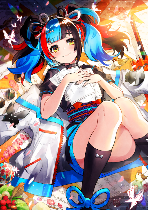 1girl animal belt_buckle belt_collar bird black_collar black_hair black_kimono black_sailor_collar black_shirt black_socks blue_hair blunt_bangs bow bow_legwear bowtie buckle bug butterfly closed_mouth closed_umbrella collar fate/grand_order fate_(series) feet_out_of_frame game_cg holding holding_paper insect jacket japanese_clothes kimono kneehighs knees_together_feet_apart knees_up lying mika_pikazo multicolored_hair obi obijime official_art oil-paper_umbrella on_back own_hands_together paper red_bow red_bowtie red_hair red_umbrella round_eyewear sailor_collar sash sei_shounagon_(fate) sei_shounagon_(first_ascension)_(fate) shirt short_hair short_kimono short_sleeves short_twintails sidelocks skirt skirt_set smile socks solo sunglasses third-party_source twintails umbrella unworn_eyewear unworn_jacket unzipped white_jacket yellow_eyes zipper