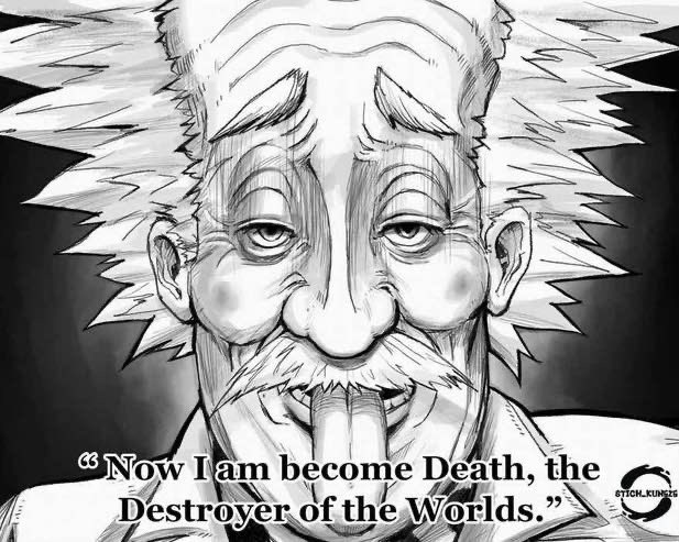 1boy albert_einstein artist_name black_background close-up coat commentary dr._vegapunk english_commentary english_text facial_hair forehead furrowed_brow gradient_background grey_background greyscale half-closed_eyes lab_coat looking_at_viewer male_focus manly monochrome mustache nose old old_man one_piece open_mouth oppenheimer_(movie) parody realistic short_hair signature solo source_quote stichkun teeth thick_eyebrows tongue tongue_out white_hair
