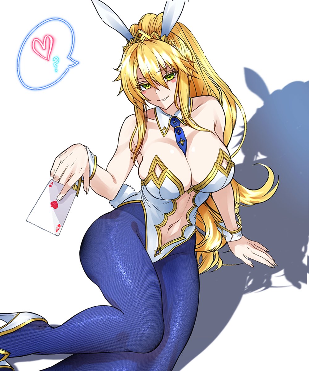 1girl animal_ears artoria_pendragon_(fate) artoria_pendragon_(swimsuit_ruler)_(fate) artoria_pendragon_(swimsuit_ruler)_(first_ascension)_(fate) bare_shoulders between_breasts blonde_hair blue_necktie blue_pantyhose blush breasts card clothing_cutout detached_collar fate/grand_order fate_(series) fishnet_pantyhose fishnets green_eyes hair_between_eyes highleg highleg_leotard highres holding holding_card large_breasts leotard long_hair looking_at_viewer navel_cutout necktie necktie_between_breasts pantyhose playboy_bunny poker_chip ponytail ponytail_with_braided_base rabbit_ears satou_nui simple_background smile solo tiara white_background white_leotard wrist_cuffs