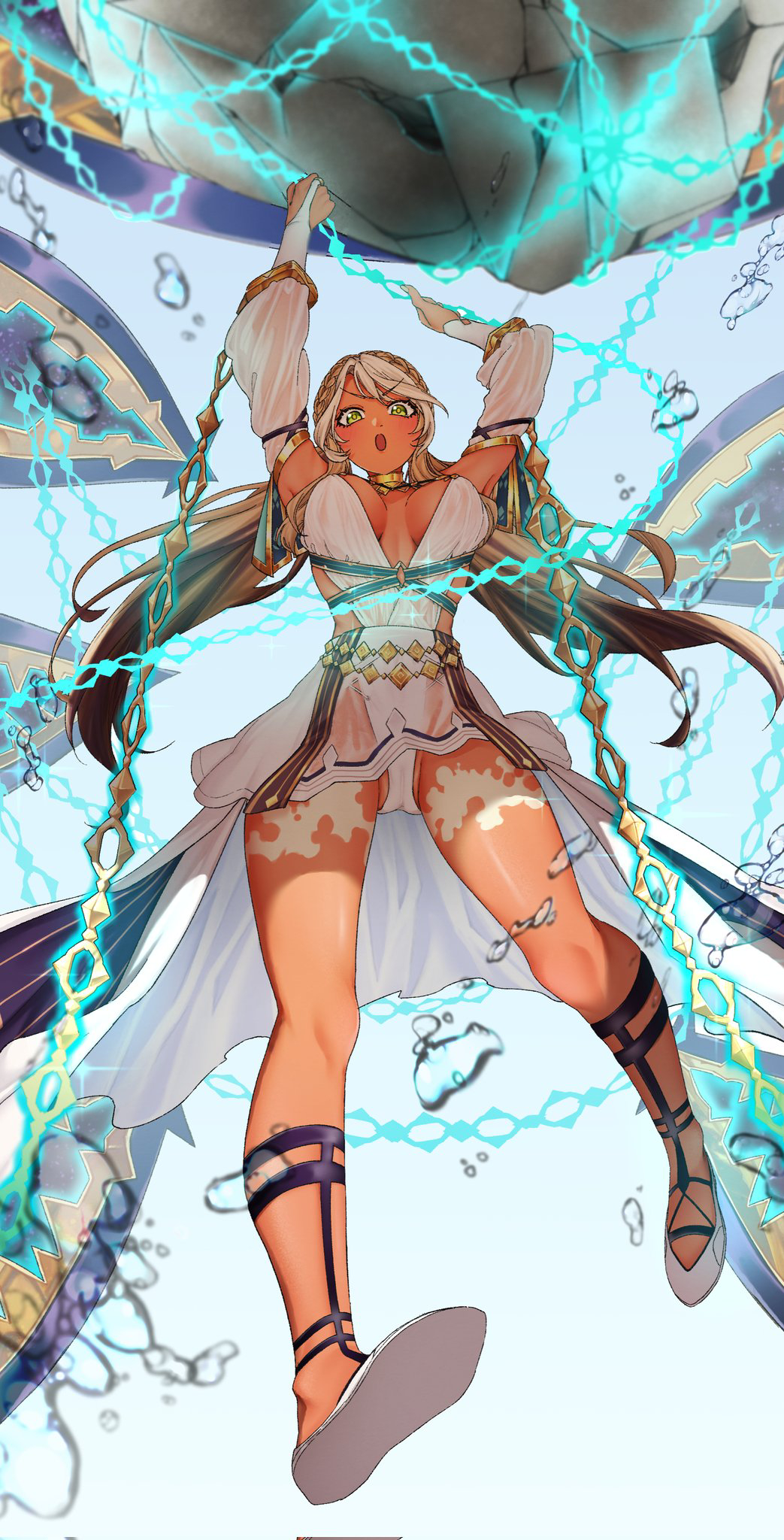 1girl andromeda_(fate) andromeda_(first_ascension)_(fate) armlet arms_up bare_shoulders belly_chain blonde_hair blush boulder braid breasts chain cleavage collar crown_braid cuffs dark-skinned_female dark_skin detached_sleeves dress fate/grand_order fate_(series) full_body gold_teeth green_eyes hair_ornament highres hiyayaako jaws jewelry large_breasts long_hair looking_at_viewer low_twintails metal_collar multicolored_hair open_mouth shackles short_dress sidelocks solo twintails two-tone_hair water white_dress white_hair