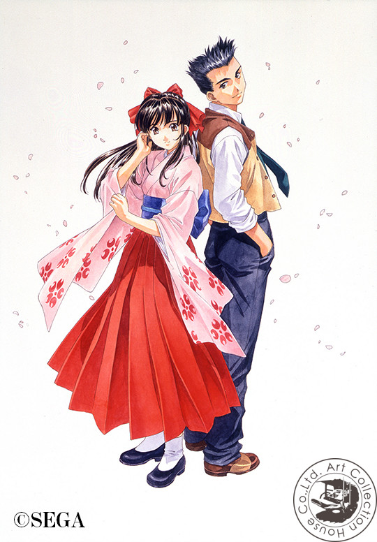 1boy 1girl black_footwear black_hair blue_necktie blue_pants brown_eyes cherry_blossoms closed_mouth collar collared_shirt copyright_notice english_text floral_print floral_print_kimono floral_print_sleeves full_body hair_ornament hair_ribbon hakama hakama_skirt hand_in_own_hair head_tilt high_heels holding_sleeve japanese_clothes kimono light_smile long_hair long_sleeves looking_at_viewer matsubara_hidenori meiji_schoolgirl_uniform name_connection necktie obi obijime object_namesake official_art oogami_ichirou open_clothes open_vest pants parted_lips pink_kimono pink_petals ponytail print_kimono pumps purple_sash red_hakama red_ribbon ribbon sakura_taisen sash second-party_source sega shinguuji_sakura shirt shoes sidelocks skirt sleeves_rolled_up smile socks spiked_hair standing three-quarter_sleeves traditional_media two-tone_vest vest watermark wavy_hair white_collar white_sleeves white_socks wide_sleeves