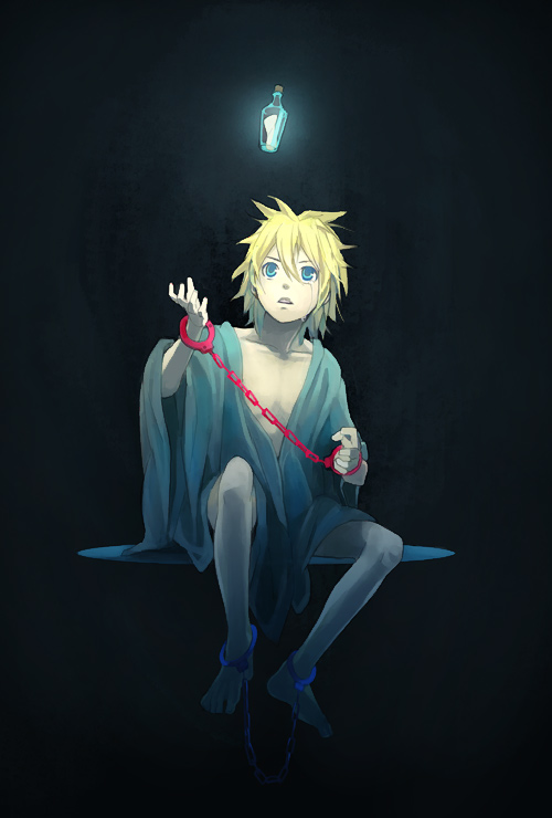 00s 1boy barefoot blonde_hair blue_eyes blue_theme bound bound_ankles bound_wrists chain crying cuffs dark evillious_nendaiki feet habuki handcuffs japanese_clothes kagamine_len kimono male_focus open_clothes re_birthday_(vocaloid) short_hair solo tears vocaloid