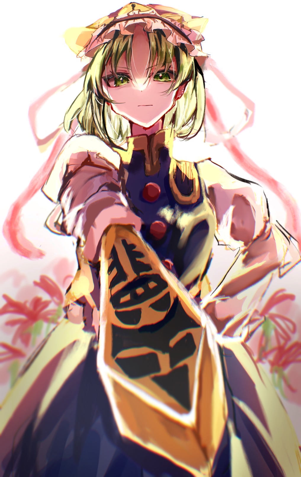 1girl blue_skirt blue_vest buttons closed_mouth commentary_request cowboy_shot epaulettes frilled_hat frills green_eyes green_hair hat highres long_sleeves looking_at_viewer mikaruku rod_of_remorse shiki_eiki shirt short_hair simple_background skirt smile solo touhou vest white_background white_shirt