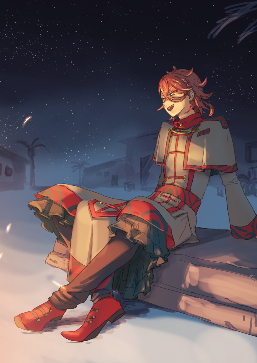 1boy antenna_hair campfire earrings fire_emblem fire_emblem_engage gold_earrings highres jewelry messy_hair misoshiru_utoma night night_sky nintendo orange_hair palm_tree pandreo_(fire_emblem) priest red_trim robe sitting sky tree white_robe yellow_eyes