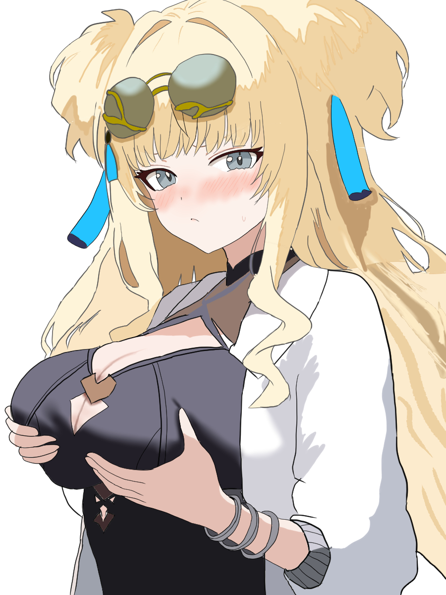 1girl aquamarine725 black_dress blonde_hair blue_eyes blush bracelet breasts cleavage cleavage_cutout closed_mouth clothing_cutout dress eyewear_on_head glasses grabbing_own_breast highres honkai_(series) honkai_impact_3rd jacket jewelry large_breasts long_hair looking_at_viewer next_time_you&#039;re_getting_this_(meme) pince-nez simple_background solo songque songque_(astralop) upper_body white_background white_jacket