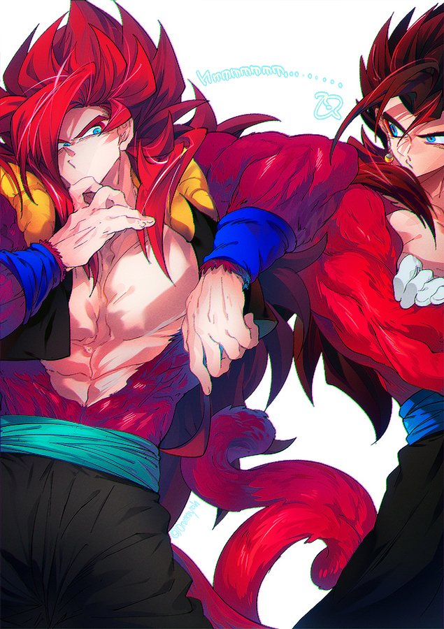 blue_eyes blue_sash closed_mouth dougi dragon_ball dragon_ball_heroes earrings gloves gogeta gogeta_(xeno) jewelry long_hair male_focus metamoran_vest monkey_boy monkey_tail multiple_boys muscular muscular_male ommmyoh open_mouth pants potara_earrings red_fur saiyan sash spiked_hair super_full_power_saiyan_4_limit_breaker super_saiyan super_saiyan_4 tail time_patrol_(dragon_ball) twitter_username vegetto vegetto_(xeno)
