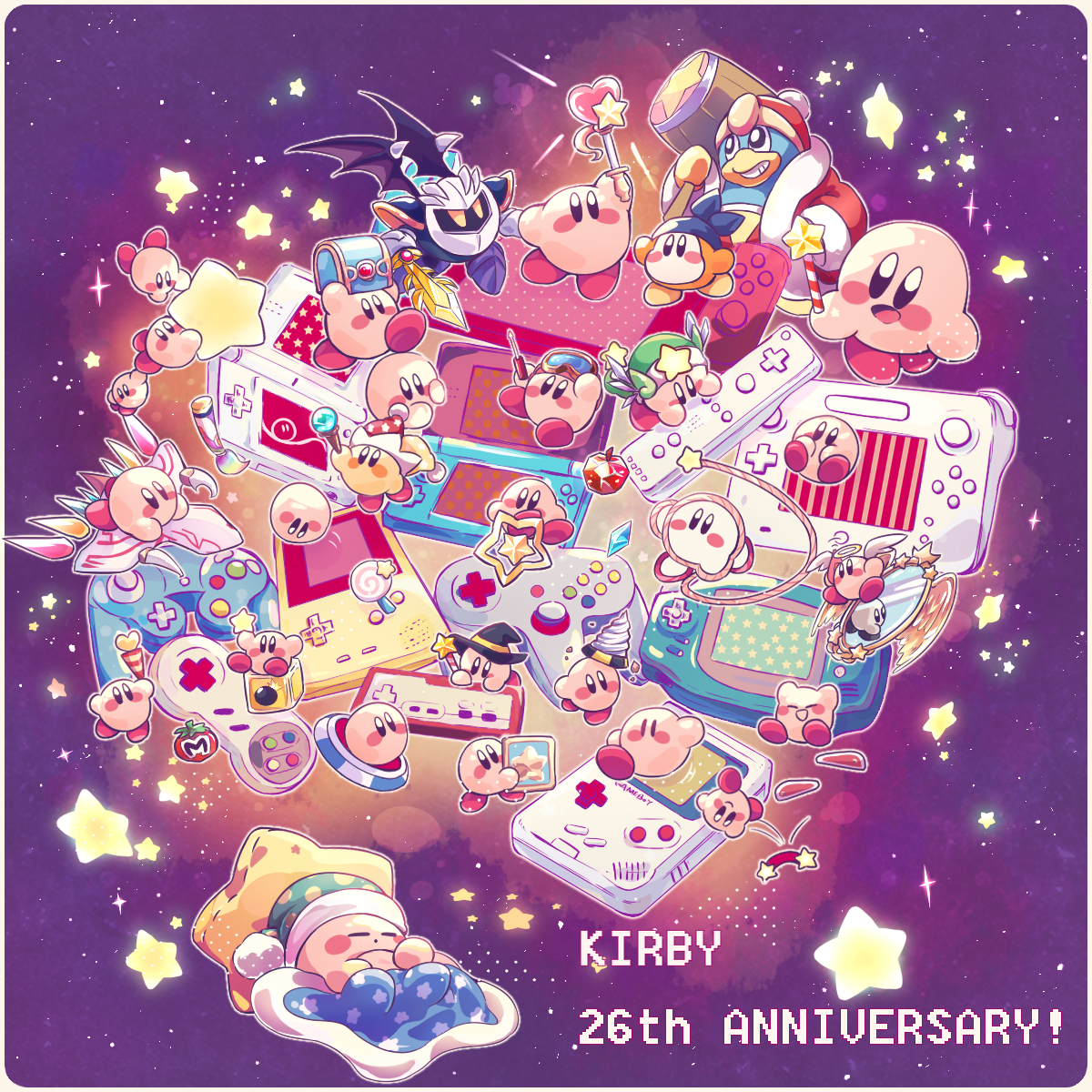 amedama_(akaki_4207) angel_wings anniversary beam_kirby black_headwear blush_stickers bomb closed_eyes controller cupid_kirby dragoon_(kirby) explosive game_boy game_boy_(original) game_controller green_headwear halo handheld_game_console hat highres jester_cap king_dedede kirby kirby's_dream_land kirby's_epic_yarn kirby_(series) kirby_air_ride maxim_tomato meta_knight mirror nintendo nintendo_ds nintendo_switch no_humans no_mouth sleep_kirby sleeping star_(symbol) star_rod sword_kirby ufo ultra_sword_kirby white_wings wii_u_gamepad wings witch_hat yarn_kirby
