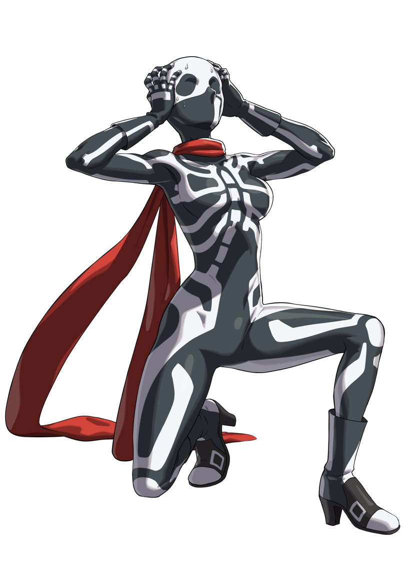 1girl black_bodysuit black_boots black_gloves bodysuit boots female_focus fighting_ex_layer full_body genderswap genderswap_(mtf) gloves hands_on_own_head long_scarf mask official_art ogura_eisuke on_one_knee red_scarf scarf skeleton_print skullomania snk_heroines:_tag_team_frenzy solo surprised sweat transparent_background zentai