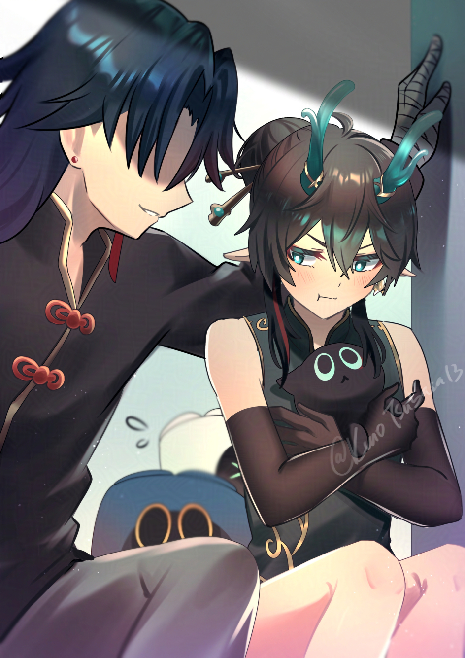 2boys :t aqua_eyes bandaged_hand bandages black_hair black_shirt blade_(honkai:_star_rail) blush brown_sleeves china_dress chinese_clothes closed_mouth critter_pick_(honkai:_star_rail) dan_heng_(honkai:_star_rail) dan_heng_(imbibitor_lunae)_(honkai:_star_rail) dragon_horns dress earrings eyeliner gradient_hair hair_between_eyes highres honkai:_star_rail honkai_(series) horns jewelry kuro_tsubasa long_hair long_sleeves makeup male_focus multicolored_hair multiple_boys pointy_ears red_eyeliner shirt trap