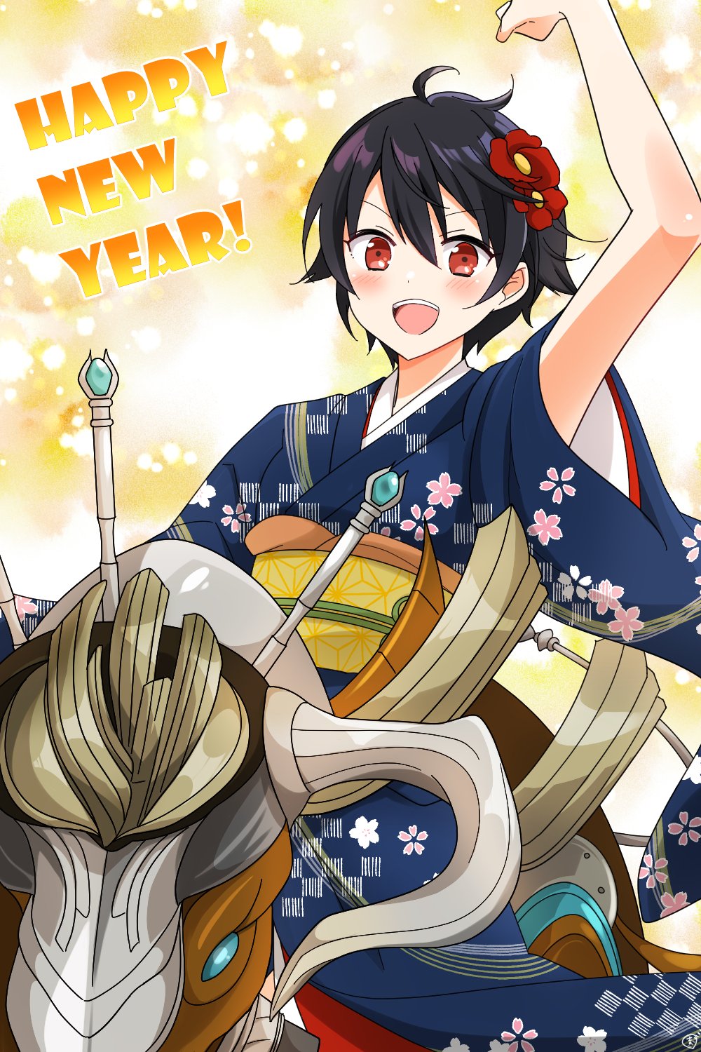 1girl :d alternate_costume arm_up artist_name black_hair blue_kimono blush bull commentary cow cowboy_shot english_text enkichi_totan flower hair_between_eyes hair_flower hair_ornament happy_new_year hibiscus highres japanese_clothes kimono looking_at_viewer megido72 messy_hair new_year obi open_mouth red_eyes red_flower riding sash short_hair signature smile solo teeth tomboy upper_teeth_only v-shaped_eyebrows yellow_background yellow_sash zagan_(megido72)