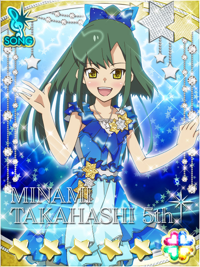 1girl :d akb0048 blue_background blue_bow blue_dress blush bow card_(medium) character_name cowboy_shot dress green_eyes green_hair hair_bow heart high_ponytail long_hair looking_at_viewer non-web_source official_art open_mouth ponytail sleeveless sleeveless_dress smile solo sparkle standing star_(symbol) takahashi_minami_(akb0048) teeth upper_teeth_only