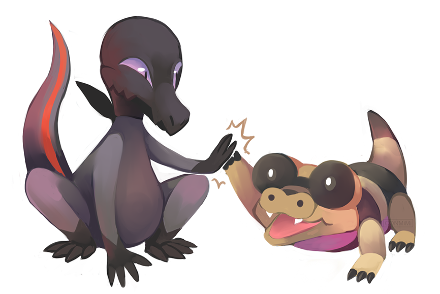 black_eyes claws commentary conmimi creature english_commentary eye_contact fangs full_body gen_5_pokemon gen_7_pokemon high_five looking_at_another nintendo no_humans pokemon pokemon_(creature) purple_eyes salandit sandile simple_background trait_connection white_background