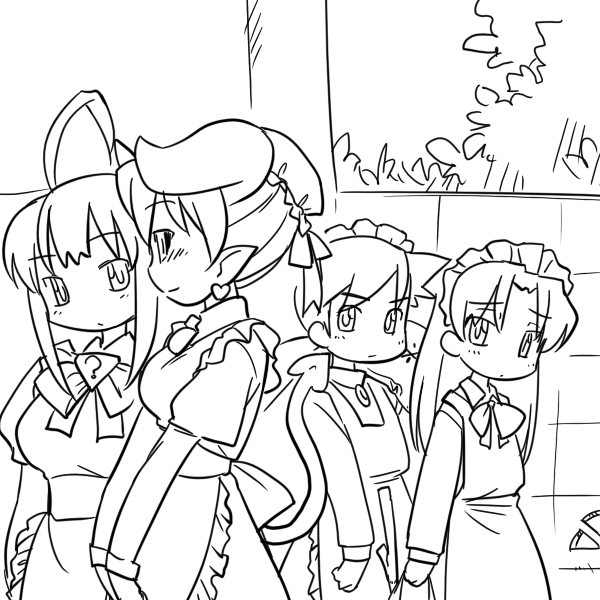 4girls astaroth_(shinrabanshou) black_sclera blush colored_sclera futaba_channel greyscale hinemosu_notari horns long_hair maid medoi modoi monochrome multiple_girls nijiura_maids os-tan outdoors shinrabanshou short_hair we-tan