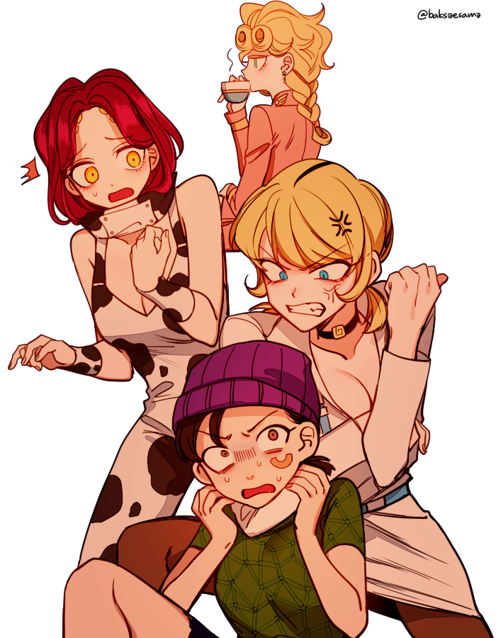 4girls anger_vein animal_print beanie black_hair blonde_hair blue_eyes braid breasts choker cleavage cow_print cup donatello_versus drinking genderswap genderswap_(mtf) giorno_giovanna hat jojo_no_kimyou_na_bouken multiple_girls ponytail red_hair rikiel sempon_(doppio_note) shaded_face short_ponytail siblings sideburns sisters stone_ocean teacup ungaro vento_aureo yellow_eyes