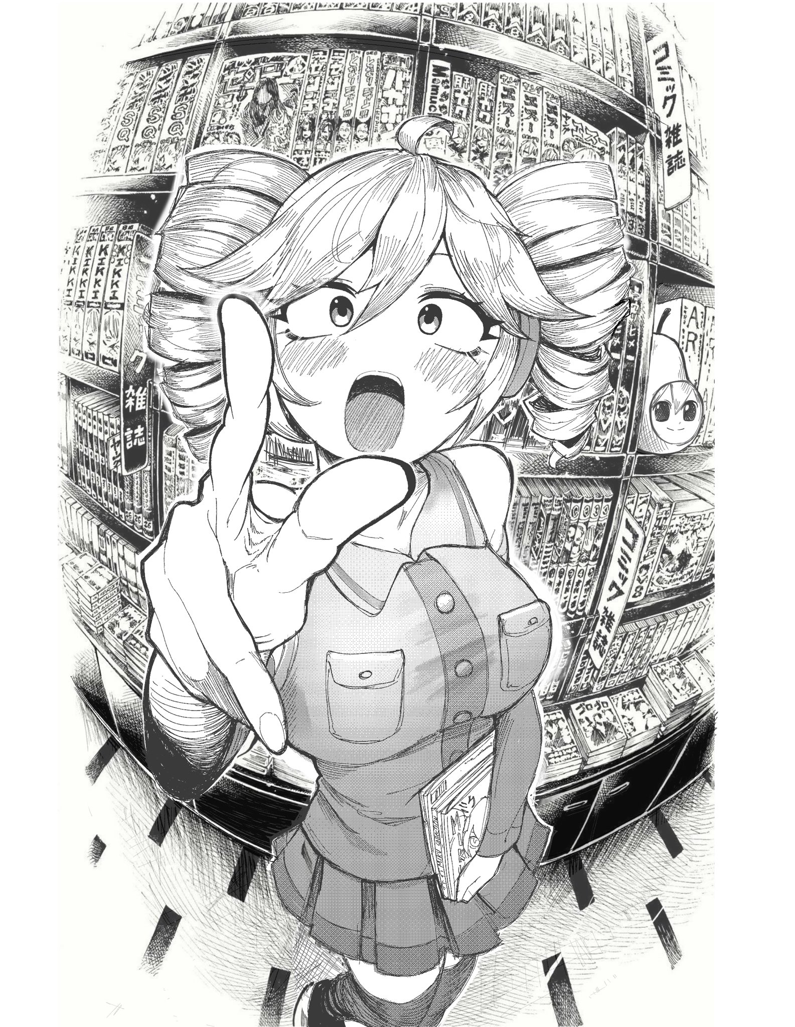 blush book bookshelf drill_hair fisheye highres holding holding_book holding_manga kasane_teto manga_(object) monochrome open_mouth pearto pleated_skirt pointing pointing_at_viewer shop skirt sleak twin_drills utau wide-eyed