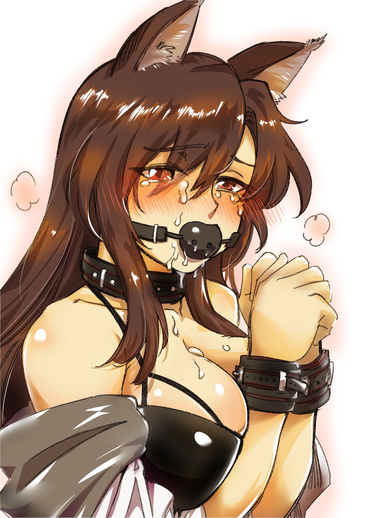 1girl animal_ears arms_up ball_gag bdsm black_trim blush bondage bondage_cuffs bound bound_wrists bra brown_hair collar commentary_request crying crying_with_eyes_open cum cum_on_body dress facial gag gagged highres imaizumi_kagerou leather_collar long_hair nunnun_(shunka_shuutou) off-shoulder_dress off_shoulder raised_inner_eyebrows red_eyes simple_background slave solo steam strap swept_bangs tears touhou underwear upper_body white_background white_dress wolf_ears wolf_girl wrist_cuffs