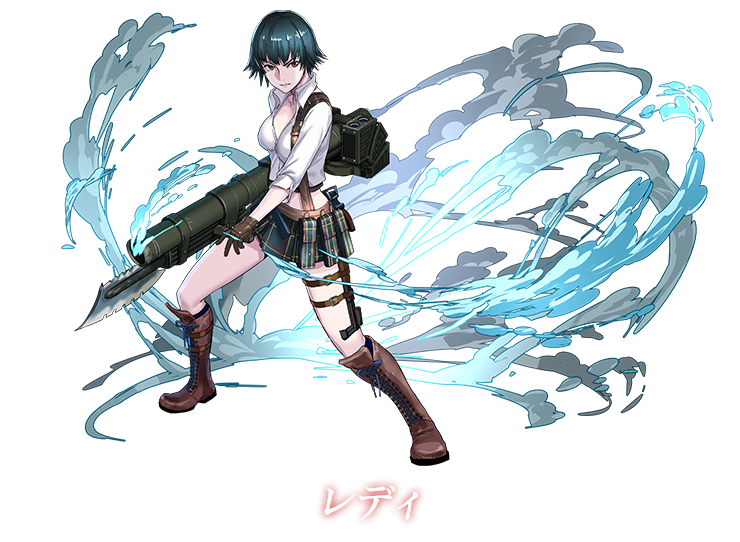 1girl black_hair boots brown_gloves devil_may_cry devil_may_cry_(series) devil_may_cry_3 gloves holding holding_rocket_launcher holding_weapon kalina_ann_(weapon) lady_(devil_may_cry) midriff official_art puzzle_&amp;_dragons rocket_launcher shirt thigh_strap weapon white_shirt