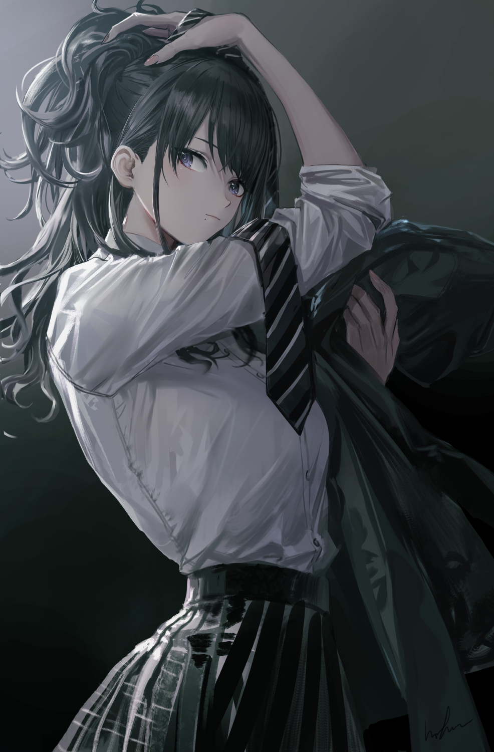 1girl black_hair blue_eyes chinese_commentary collared_shirt commentary_request dress_shirt highres holding holding_jacket holding_own_hair holding_unworn_clothes idolmaster idolmaster_shiny_colors infukun jacket kazano_hiori long_hair mole mole_under_mouth necktie plaid_clothes plaid_skirt pleated_skirt ponytail shirt shirt_tucked_in simple_background skirt solo striped_necktie unworn_jacket white_shirt